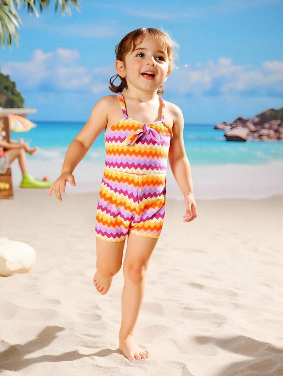 年轻女孩度假波浪条纹分体泳衣（含短裤） - 彩色 - 查看 1