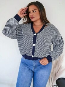 SHEIN Cottnline Plus Size Women's Plaid Printed V-Neck Button-Up Cardigan, Long Sleeve - Navy Blue - View 5