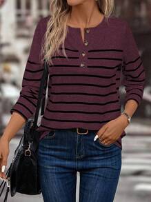 SHEIN LUNE Women's Casual Striped Print Half-Button Front Long Sleeve T-Shirt, Spring/Autumn Fall Cloth For Women - Red Violet - View 1