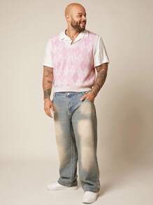 EASEVO Plus Size Men's Knit Casual V-Neck Diamond Patterned Sweater Vest, For Fall Winter