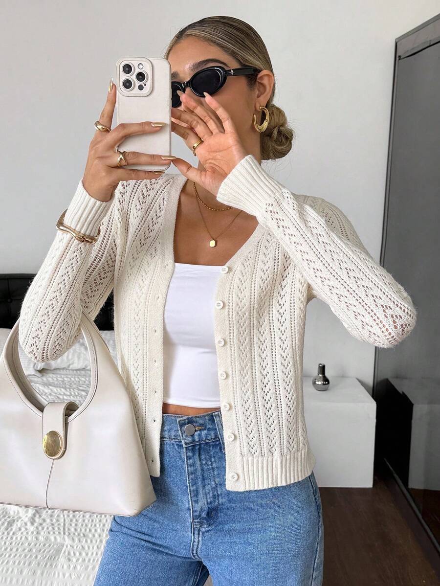 Siren Gaze 女士纯色简约长袖开衫、可爱毛衣、短款毛衣、针织毛衣、秋冬装、黄色女装、长袖上衣 - 杏色 - 查看 1