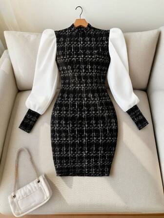 Franclia Women's French Style Puff Sleeve Black & White Plaid Print Faux Twofer Bodycon Dress
