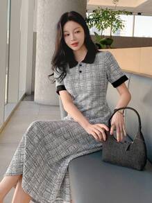 DAZY Vestido de manga abullonada de longitud media con bloques de color a cuadros para mujer - Gris - Ver 3