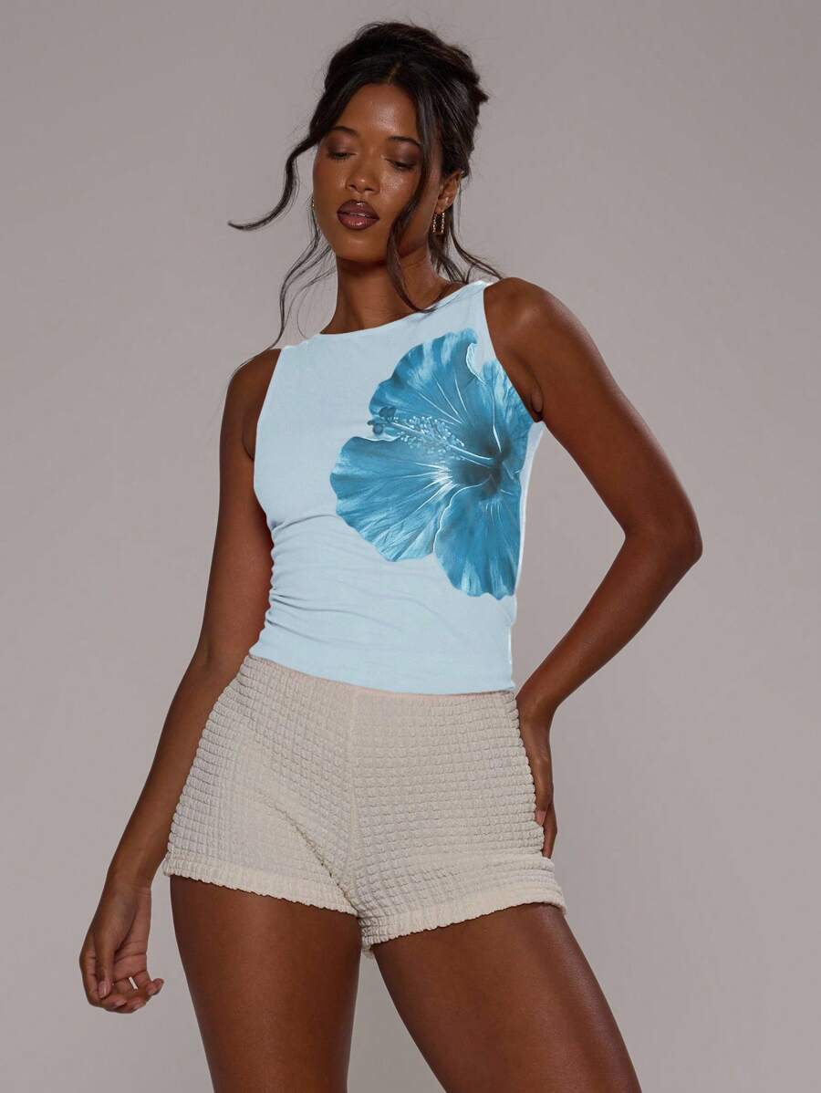 MUSERA Round Neck Sleeveless Graphic Flower Tank Top Spring, Summer, Casual, Cute Holiday Graphic Tee Ibiza Airport - Blue - View 1