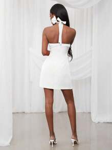 NYA SZN Spring Mock Neck Halter Fitted Festival Summer Mini Dress Gyaru Vacation Graduation Old Money Wedding Guest Special Occasion For Bridal Dinner Prom - White - View 2