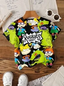 Nick 90s | SHEIN Young Boy Casual Cartoon & Letter Print Round Neck Short Sleeve T-Shirt, Summer