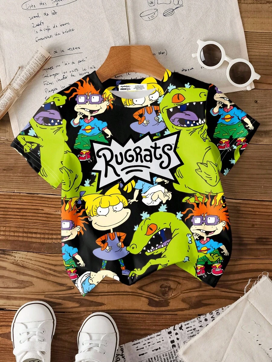 Nick 90s | SHEIN Young Boy Casual Cartoon & Letter Print Round Neck Short Sleeve T-Shirt, Summer