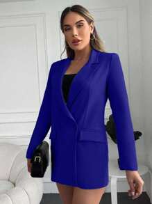 EURMUSE 女式纯色斑驳翻领长袖双排扣休闲西装外套 - 寶藍色 - 查看 5