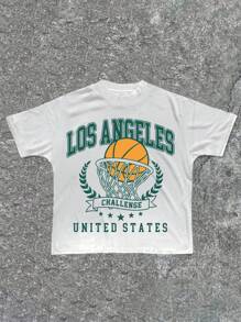 SHEIN Leap Crew Tween Boy Casual Basketball Print Short Sleeve T-Shirt, Suitable For Summer - White - View 1