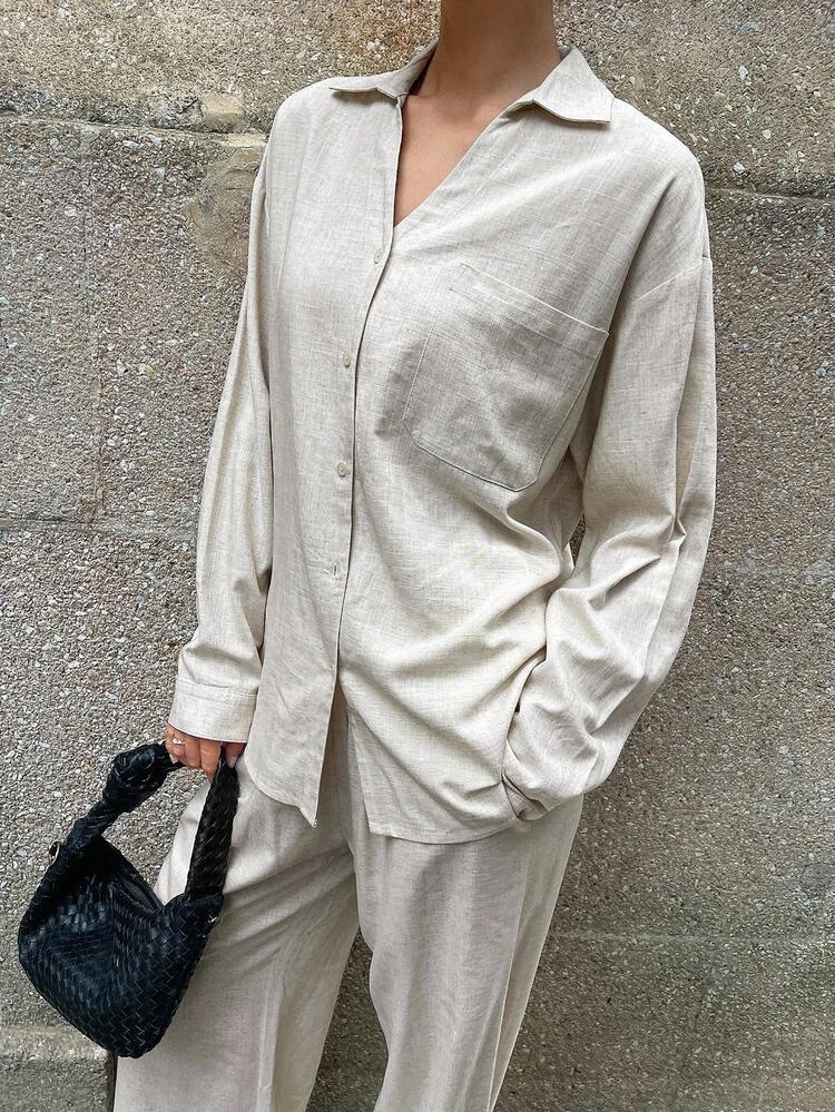 Women's Linen Style Casual Long Sleeve Shirt And Pants 2 Pieces Set, Spring/Summer/Autumn