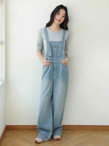 K-Vae 女士浅蓝色水洗阔腿牛仔背带裤，韩版秋季女装，秋季女装，返校服，教师装 - 淺色水洗藍 - 查看 3