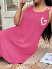 DUSKBASE Plus Size Casual Heart Print Camisole Nightgown - Hot Pink - View 7