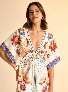 CAJUNI Đầm ngắn đi nghỉ Boho họa tiết hoa nhiệt đới, cây cối và chim cổ chữ V có thể điều chỉnh eo thắt chặt dành cho nữ - Nhiều màu - Xem 4