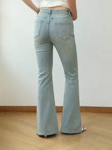 K-Vae Women's Light Wash Denim Flared Jeans With Sparkly Rhinestone Embellishments. Stylish Extra Long Bell Bottom Jeans For A Look.