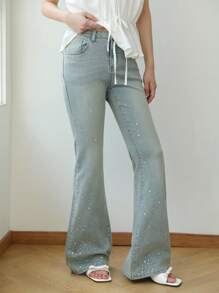 K-Vae Women's Light Wash Denim Flared Jeans With Sparkly Rhinestone Embellishments. Stylish Extra Long Bell Bottom Jeans For A Look.