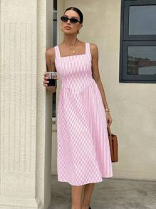 Siren Gaze Women Stripe Print Sleeveless Square Neck Mid-Length Dress For Summer Pink