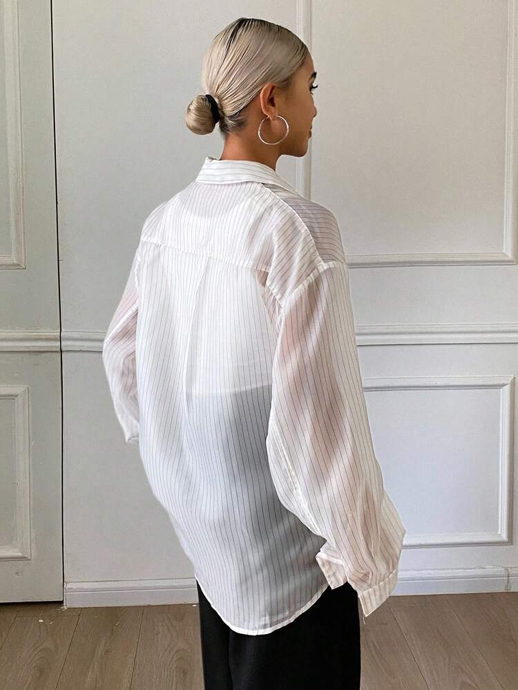 Women's Striped Loose Long Sleeve Turndown Collar Pocket Casual Vacation Blouse, Autumn