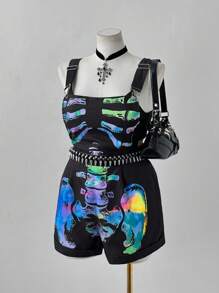 Flirla Women's Colorful Skeleton Punk Style Sleeveless Overalls, Rave Outfit