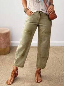 SHEIN Tall Women's Casual Pockets Tapered Waist Versatile Jeans - Army Green - View 4