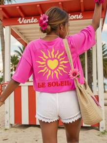 DrmWander Women's Holiday Casual Sunshine Letter Printed T-Shirt, Large V-Neck Short Sleeved T-Shirt