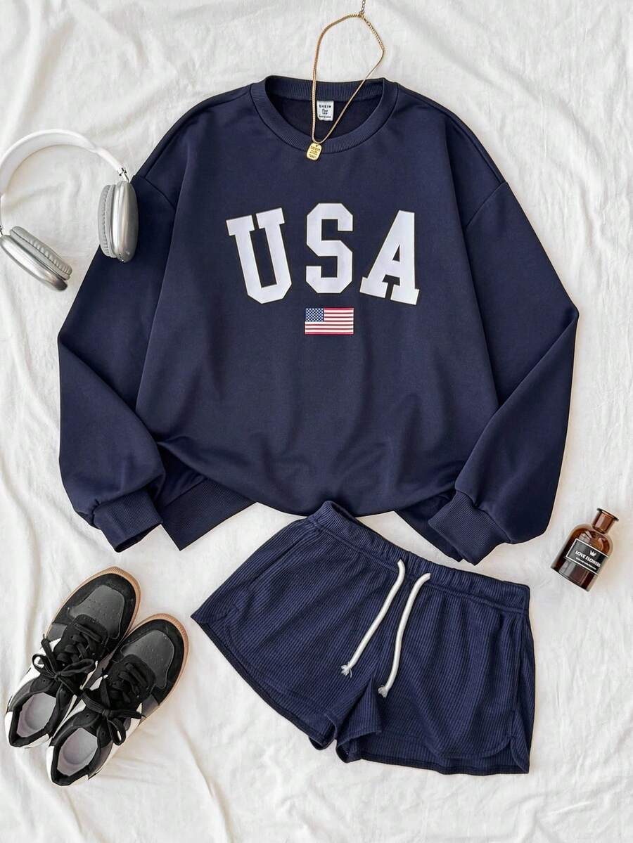 Teen Girls 2pcs Set Navy Blue Knit Retro Vintage USA Slogan Print Loose Fit Crew Neck Pullover Sweatshirt And Textured Knit Crop Shorts Tracksuit For Spring, Autumn, Winter Usa Sweatshirt Girls Sweat Outfit Clothes Set Teen Usa Clothes Sweat Set Fall