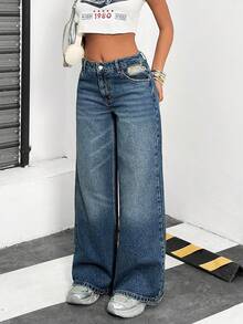 EURMUSE Calça jeans larga com cintura baixa, rasgada e bolso inclinado - Lavagem Média - Ver 5