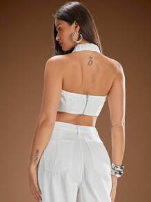 Denimoi Denim Cropped Halter Top With Metal Hardware Detail, Denim Top, Denim On Denim, Denim Crop Top, Denim Tank Top, Fashionable, Cute Summer Tops, Cute Summer Outfits, White Denim, Vacation Tops, Vacation Outfits, Concert Outfits, Streetwear, Y2k Fashion, Y2k Outfits, Y2k Tops, Y2k Styles - White - View 4