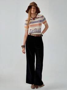 Florisole 波西米亚风格不对称佩斯利提花针织短袖衬衫针织套头衫秋冬