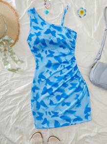 青少年女孩优雅休闲度假连衣裙，单肩蝴蝶印花紧身针织连衣裙，适合春夏季外出和度假 - 藍色 - 查看 1