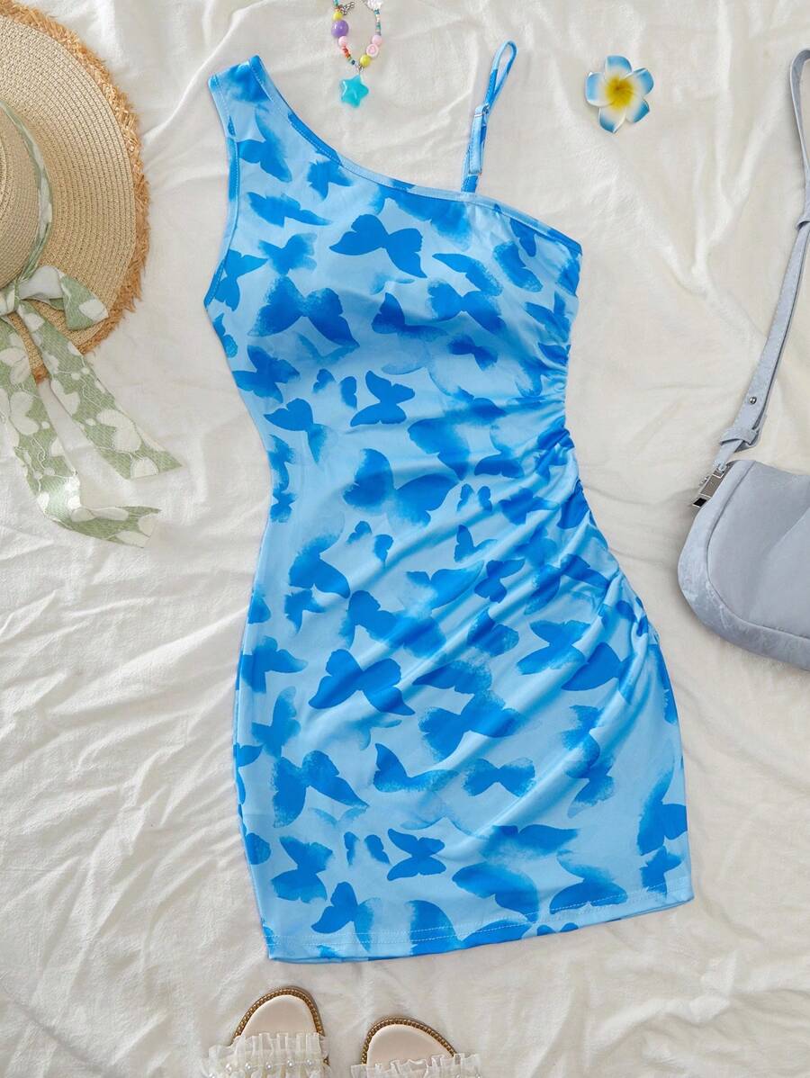 青少年女孩优雅休闲度假连衣裙，单肩蝴蝶印花紧身针织连衣裙，适合春夏季外出和度假 - 藍色 - 查看 1