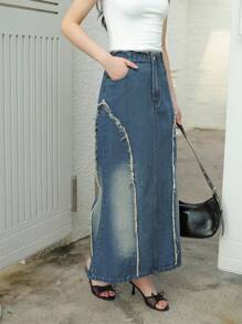 K-Vae Women's Autumn Pocket Raw Edge Fishtail Hem Casual Denim Skirt, Retro Old Money Style,Korean Style,Homecoming Dress,Fall Outfits For Women, Old Money Style Women