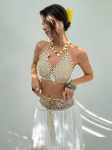 Women's 2-Piece Set: Sleeveless Knit Top With 3D Flowers + Halter Crochet Chiffon Skirt, Tropical Bohemian Design, Ideal For Summer, Beach, Vacation, Autumn And Winter - 貝斯 - 查看 3
