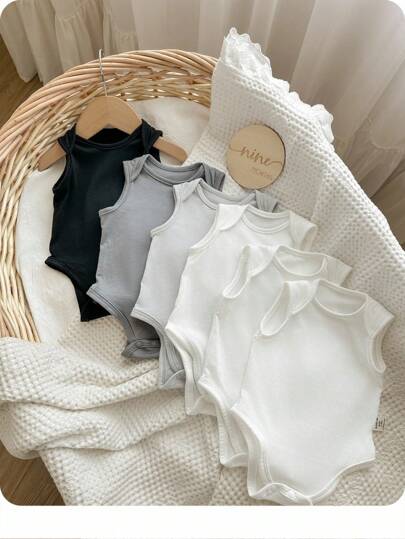 6pcs Dozemod Kids Newborn Baby Boy Simple Solid Color Comfortable Round Neck Sleeveless Bodysuit Set
