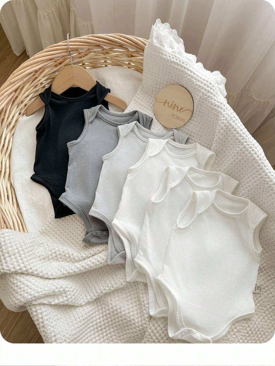 6pcs Dozemod Kids Newborn Baby Boy Simple Solid Color Comfortable Round Neck Sleeveless Bodysuit Set - Multicolor - View 1