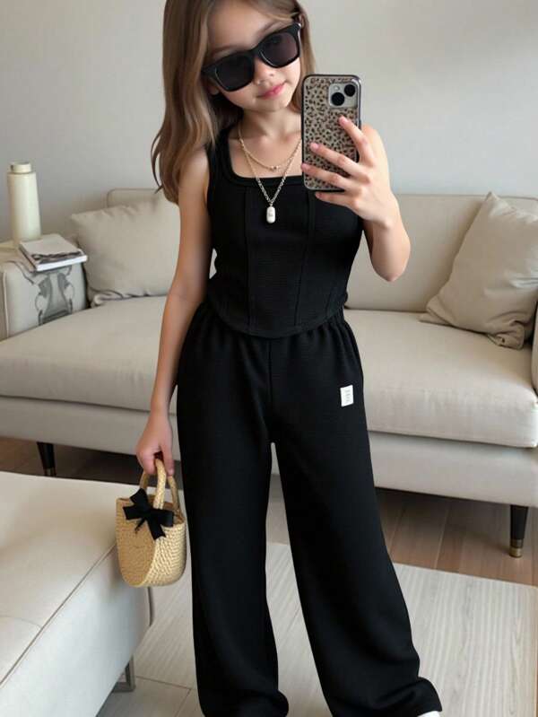 SHEIN Tween Girls' Fashionable Sweetheart Knit Asymmetrical Hem Tank Top And Knit Pants Set