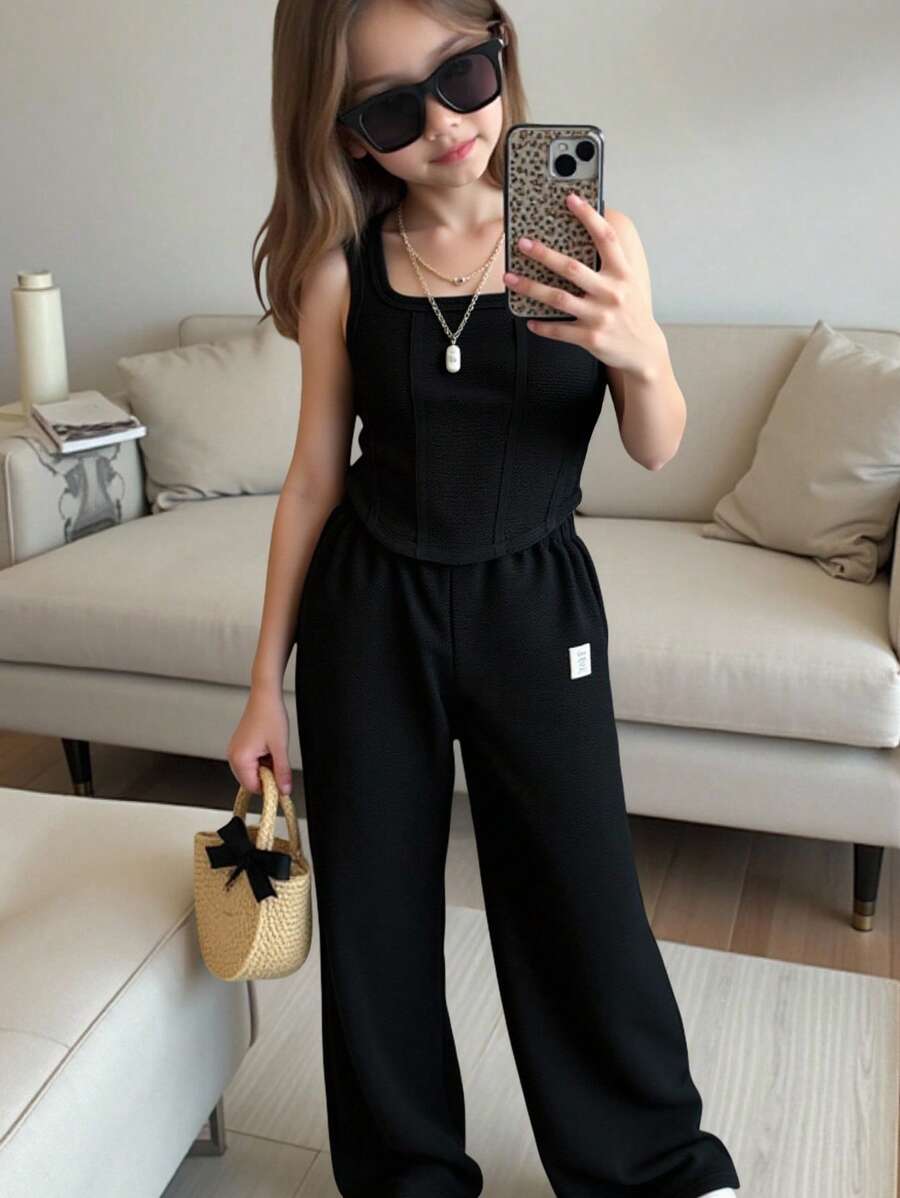 SHEIN Tween 女童时尚甜心针织不对称下摆背心和针织裤套装 - 黑色 - 查看 1