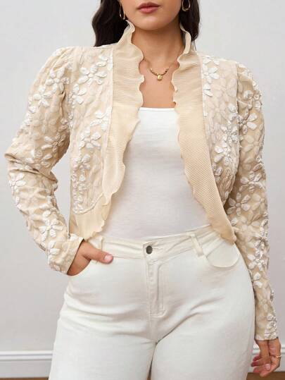 SHEIN Clasi Plus Size Women Floral Jacquard Frill Trim Long Sleeve Fashion Jacket Lace Jacket Summer Jacket Women Floral Jacket Summer Jacket For Women Cover Up Jacket Cropped Lace Jacket Fall Clothes Plus Size Autumn Clothes Winter Jacket Old Money Style Women Homecoming Business Casual Woman Curve Fall Clothes Plus Size Business Casual Woman Office Outfits For Women Work Clothes Women Work Clothes Classy Outfits For Women