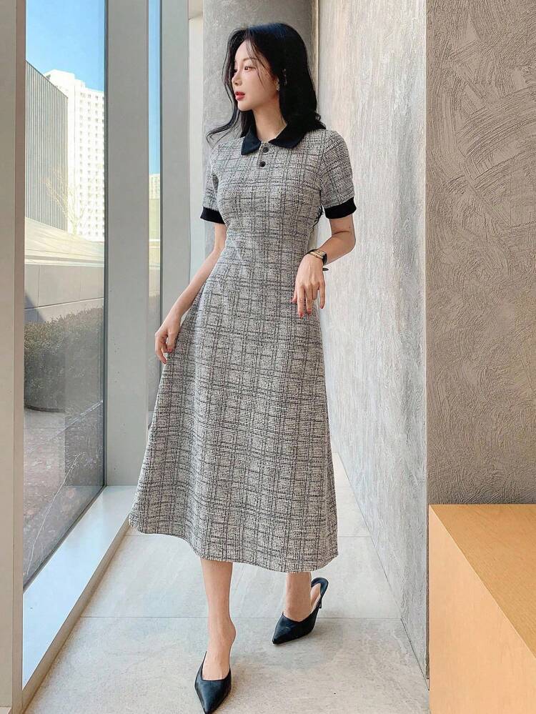 Color Block Puff Sleeve Mid-Length Dress For Women Plaid