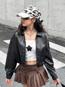 SHEIN 少女黑领纯色 PU 皮夹克，短款休闲夹克，酷炫街头运动拉链 PU 夹克，黑色百搭外套，开学季