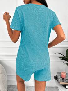 EURMUSE Cotton Cartoon & Slogan Graphic PJ Set - Teal Blue - View 2