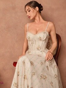 Savoree Women Vintage Floral Elegant Sleeveless A-Line Dress, Resort Vacation Party Dress For Spring/Summer - Apricot - View 6