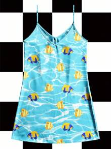 Shutterstock 蓝色海洋生物金鱼波浪图案Y2K运动迷你连衣裙，适合夏季秋季派对度假休闲日常穿着，鱼形连衣裙，海洋连衣裙，泳池连衣裙，水族馆连衣裙，性感2000年代返校季 - 白色 - 查看 2