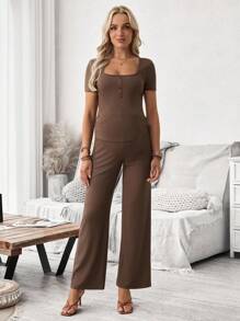 SHEIN 2件套孕妇罗纹针织纽扣设计短袖T恤和可调节腰带裤 - 咖啡棕 - 查看 4