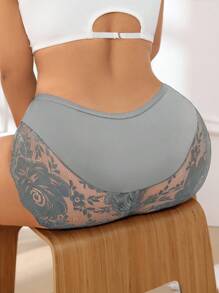 1 pieza Calzones cómodos de talla extra con entretejido de encaje y cintura alta transpirable - Gris - Ver 1