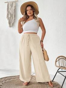 SHEIN CURVE+ 女士加大码新款商务休闲夏季沙滩裤，时尚通勤优雅紫色莲藕粉色阔腿裤带口袋，海滩度假装束加大码曲线裤曲线夏季裤加大码波西米亚风裤曲线阔腿裤加大码沙滩裤 - 杏色 - 查看 10