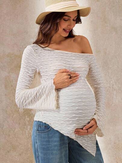 Boho Mama Autumn Clothes  Maternity Solid Color Asymmetric Neckline Drawstring Elegant Long Sleeve T-Shirt Going Out Tops