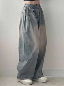 DAZY 女式宽松插袋阔腿休闲牛仔裤，宽松牛仔裤 - 中等水洗藍 - 查看 5