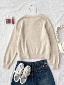 SHEIN 少女星形图案圆领落肩毛衣，休闲日常穿着，秋冬 - 杏色 - 查看 2