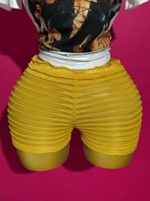 Slaydiva 2pcs Women Summer Casual Street Style Outfit: Loose Round Neck Short Sleeve Printed Tee + Yellow Textured Mesh Mini Shorts, Suitable For Easter, Music Festivals, Everyday Wear, Parties, Christmas, Valentine's Day, Dates, Beach, Cruise, Carnival, Street Fashion Y2k 2 Pieces Set - Multicolor - View 5