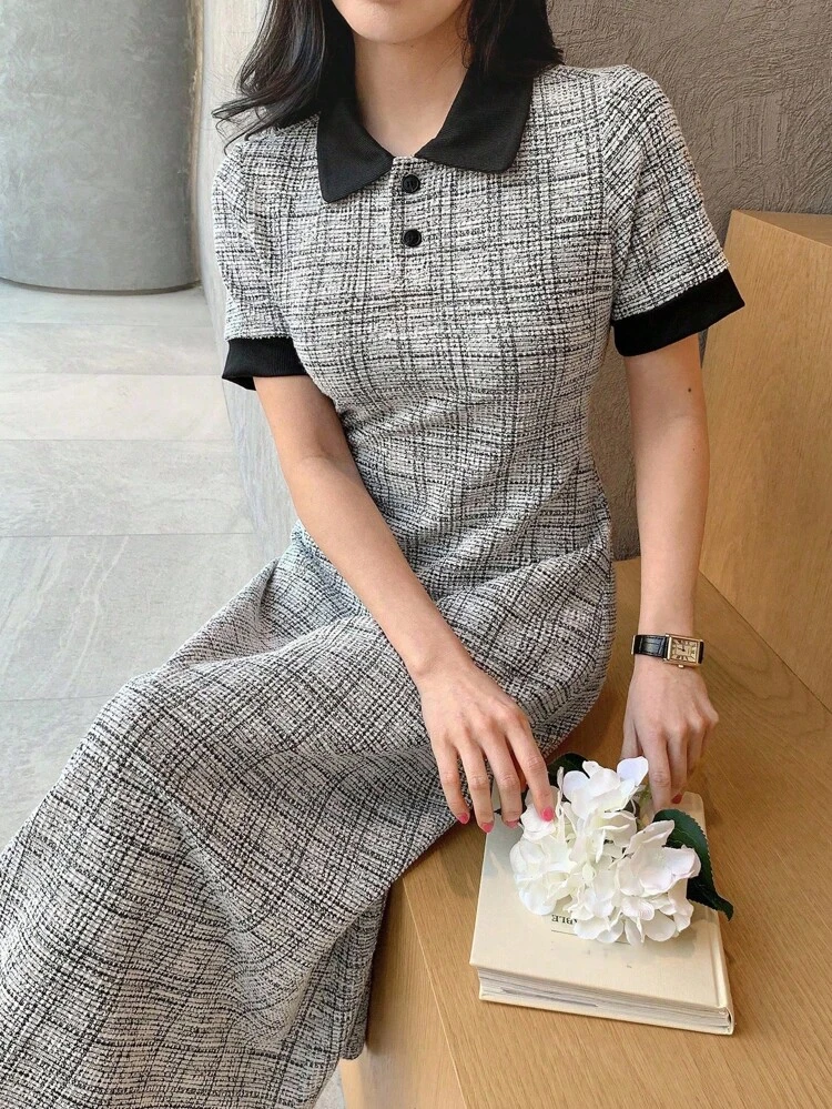 Color Block Puff Sleeve Mid-Length Dress For Women Plaid